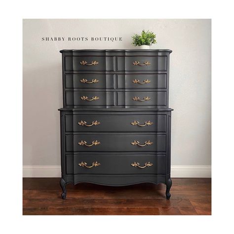 "FREE SHIPPING! We always  hope for a quicker delivery but due to the size and nature of the pieces please allow up to 5-6weeks for delivery of orders. This piece has since SOLD- please check back for more inventory added weekly SOLD -Vintage tall dresser chest of drawers refinished in a matte charcoal black color with a dark glaze. Some distressing here and there to let the wood underneath pop through.  This French provincial piece is solid wood and has 6 smooth dovetail drawers. Clean lines an Black French Provincial, Provincial Dresser Makeover, French Provincial Dresser Makeover, Restoring Furniture, Restored Furniture, Provincial Dresser, Black Dresser, French Provincial Dresser, French Provincial Furniture