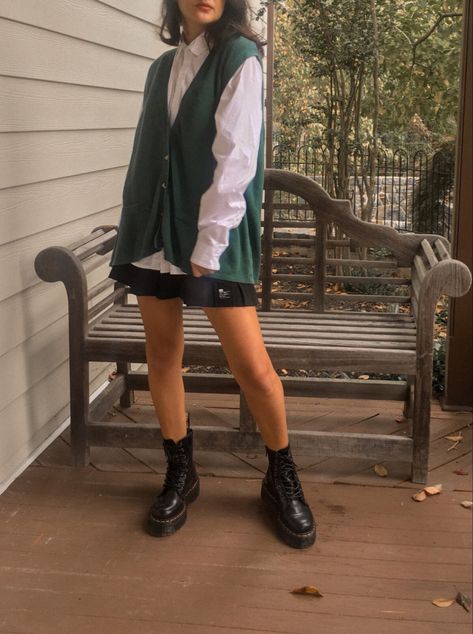 Black Skirt White Button Up, Green Platform Boots Outfit, Jadon Platform Boots Outfit, Jadon Dr Martens Outfit Winter, White Jadon Dr Martens Outfit, Oversized Feminine Outfit, Jadon Boots Outfit, Platform Docs Outfit, Button Skirt Outfit