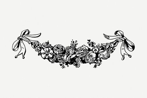 Flower Garland Drawing, Garland Drawing, Drawing Vintage, Clipart Vintage, Flower Garland, Flower Vintage, Vector Flowers, Vintage Ribbon, Floral Garland