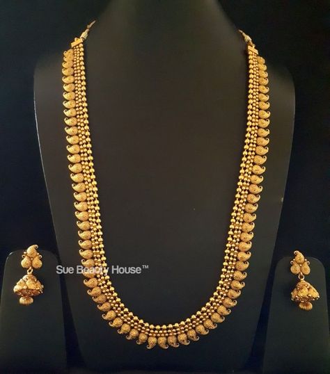 Mango Design Long Necklace Gold, Aaram Gold Designs, Mango Design Necklace Gold, Mango Necklace Indian Gold, Mango Necklace Designs, Kasulaperu Jewellery, Indian Gold Necklace Designs, Mango Design, Mango Necklace