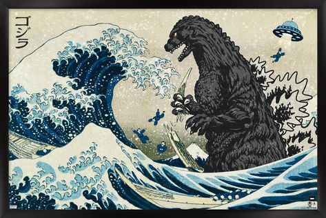 PRICES MAY VARY. This Trends Godzilla - Great Wave Wall Poster uses high-resolution artwork and is printed on PhotoArt Gloss Poster Paper which enhances colors with a high-quality look and feel POSTER FRAME is a clean and modern design offered in a variety of colors to showcase the art and compliment any room decor LIGHTWEIGHT & EASY TO HANG construction allows for a quick installation of this framed poster using the attached sawtooth hanger so you can enjoy your wall art immediately PERFECT SIZ Wave Wall, Waves Photos, Wave Poster, Barn Wood Frames, Type Posters, Trends International, Wall Poster, Framed Poster, Poster Size