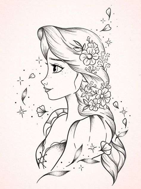 Rapunzel Drawing Sketch, Tangled Drawings Easy, Rapunzel Doodle, Disney Tangled Tattoo, Rapunzel Sketch, Rapunzel Drawing, Disney Poster, Disney Drawing, Disney Netflix