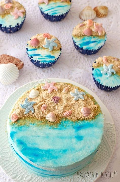 Beach Birthday Cake, Beach Themed Cakes, Summer Cupcakes, Beach Cake, Ocean Cakes, Sea Cakes, Beach Cakes, Summer Cakes, Mermaid Cakes