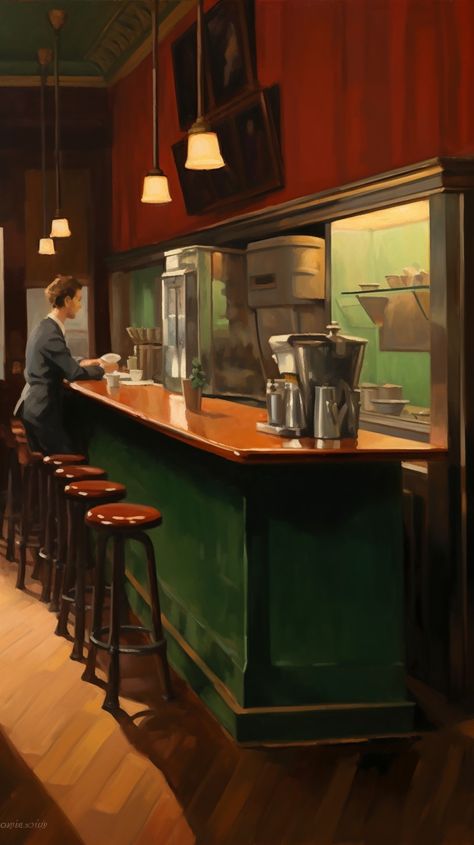 Diner Artwork, Diner Painting, Cosy Cafe, Clay Cross, Set Decoration, Bar Scene, Cinema Art, Great Works Of Art, Edward Hopper