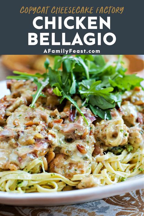 A make-at-home recipe for Chicken Bellagio - based on the popular version from The Cheesecake Factory. (We think our version is BETTER!) 😀 Chicken Bellagio, Pesto Pasta Dishes, Homemade Pesto Recipe, Chicken And Pasta, Cheesecake Factory Recipes, The Cheesecake Factory, Recipe For Chicken, Chicken Entrees, Homemade Pesto