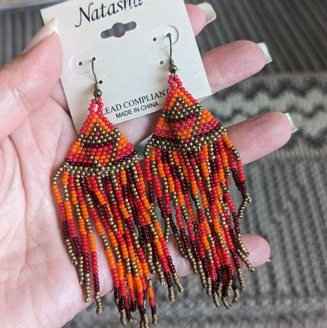 Nwt Natasha Coastal Cowgirl Earrings Seed Bead Woven Jewelry Southwest Santa Fe Country Concert Hippie Festival Aesthetic 4.5 Long Brand New Condition Cowgirl Earrings, Butterfly Cutout, Woven Jewelry, Festival Aesthetic, Southwest Boho, Bow Fashion, White Pearl Bracelet, Multicolor Earrings, Orange Earrings