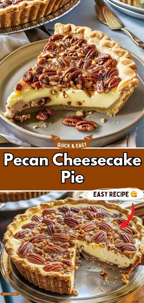 Combine the best of both worlds with this Pecan Cheesecake Pie. A creamy cheesecake filling topped with a rich pecan pie layer, it’s a decadent dessert that’s perfect for special occasions. #CheesecakePie #PecanLover #DecadentDesserts Butter Pecan Cheesecake No Bake, Pecan Cheesecake Pie Recipe, No Bake Pecan Pie Cheesecake, Easy Pecan Cheesecake, Cheesecake Pecan Pie, Autumn Pies, Pecan Cheesecake Pie, Cheesecake Pies, Pecan Desserts Recipes