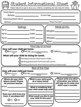 This Student Information Sheet is a great short sheet to use at Open House or first day of school. This forms gives the teacher all the important information needed to start the year off right and make sure you are meeting the needs of your child! Student Information Sheet Kindergarten, Student Information Sheet Elementary, Student Info Sheet, Classroom Setup Elementary, Instructional Activities, Future Educator, Student Information Sheet, Education Leadership, Teacher Info