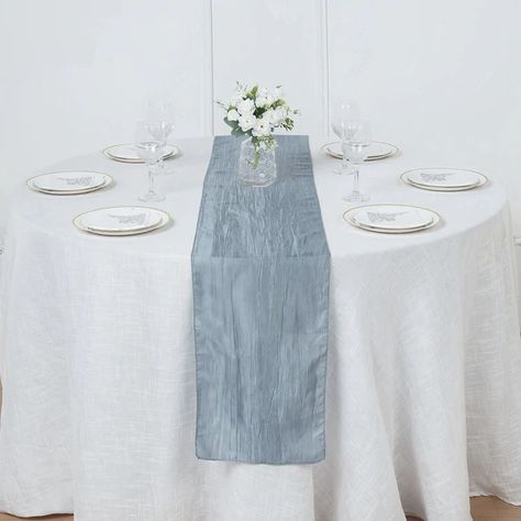 12" x 108" Accordion Crinkle Taffeta Table Runner, Elegant Linen Runner - Dusty Blue | TableclothsFactory Linen Runner, Pc Design, Table Overlays, Lace Table Runners, Burlap Table Runners, Table Runners Wedding, Lace Table, White Table Cloth, Gold Candles