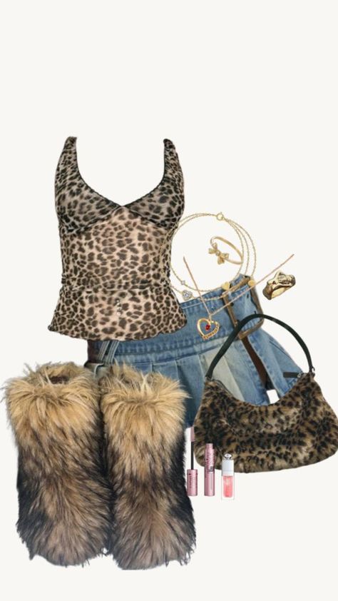 Not mine!!! Mini Skirt Outfit Winter Aesthetic, Cute Y2k Fall Outfits, Fur Shorts Y2k, Lepord Outfit Aesthetic, Cheetah Y2k Outfit, Outfits With Leopard Shoes, Cheetah Rave Outfit, Boots Birthday Outfit, Cheetah Print Outfits Y2k