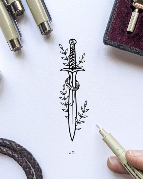 Hobbit Sting Tattoo, Sting Lotr Tattoo, Matching Lotr Tattoo, Lotr Matching Tattoo, Lord Of The Rings Matching Tattoos, Lord Of The Rings Tattoo Minimalist, Hobbit Tattoo Ideas, Lotr Tattoo Minimalist, Small Lotr Tattoos