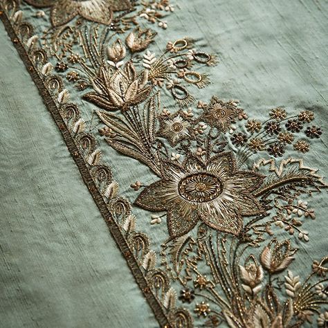 Couture Fabrics | Luxury Fabric | Interior Design | Beaumont & Fletcher Hand Work Suit, Jeweled Flowers, Dabka Work, Haute Couture Fabric, Florence Art, Couture Fabric, Zardozi Embroidery, Antique Embroidery, Baroque Design