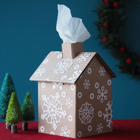 Gingerbread House Tissue Box : 6 Steps (with Pictures) - Instructables Cardboard Tissue Box Diy, Craft Ideas With Popsicle Sticks, Tissue Box Covers Diy, Ideas With Popsicle Sticks, Upcycle Cardboard Boxes, December Decor, Tissue Box Crafts, Christmas Cardboard, Candy Decor