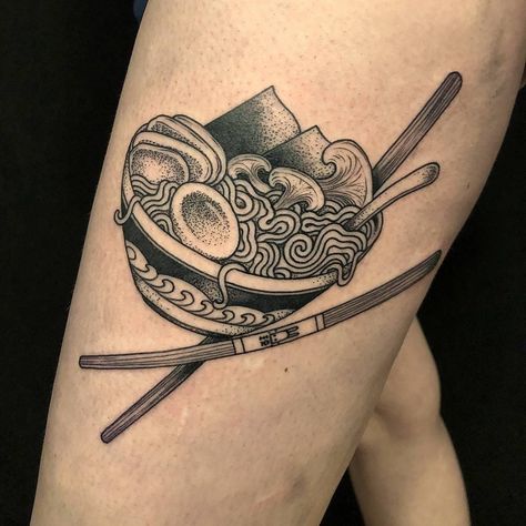 Bowl o ramen tattoo by Scott Santee #ScottSantee #ramentattoo #blackandgrey #stippling #dotwork #linework #noodles #ramen #Pho #chopsticks #mushrooms #egg #nori #soup #foodtattoo #bunny | Mar 28th 2018 | 497241 Noodle Bowl Tattoo, Ramen Tattoo, Bowl Tattoo, Ponyo Anime, Ramen Pho, Vietnam Tattoo, Noodle Art, Noodles Ramen, Food Tattoos