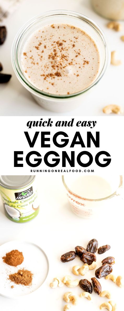 This simple vegan eggnog can be made in your blender in minutes! Enjoy this wonderful, rich and delicious drink during the holidays. It's perfect on its own or amazing served over ice with a splash or rum or whiskey, frothed for an eggnog latte or used in a smoothie. Vegan Bulletproof Coffee, Vegan Eggnog Recipe, Running On Real Food, Eggnog Recipe Homemade, Vegan Eggnog, Bulletproof Coffee Recipe, Blender Smoothie, Homemade Eggnog, Vegan Holiday Recipes