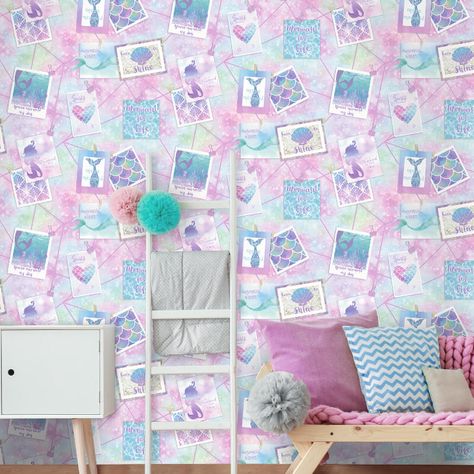 Holden Decor Be More Mermaid Multi Glitter Wallpaper - 12790 Teen Bedrooms Ideas, Glitter Bedroom, Childrens Bedroom Wallpaper, Little Mermaid Wallpaper, Mermaid Wallpaper, Feature Wall Design, Mermaid Bedroom, Teen Bedroom Ideas, Mermaid Wallpapers