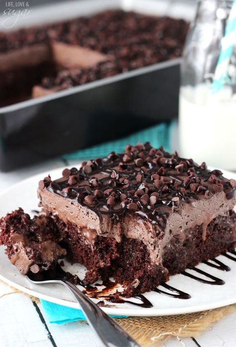 Devil's food poke cake with a chocolate whip and chocolate chips Chocolate Cake Mix Recipes, Chocolate Poke Cake, Devils Food Cake Mix Recipe, Store Bought Cake, Poke Cake Recipes, Devils Food Cake, Slow Cooker Desserts, Poke Cakes, Gateaux Cake