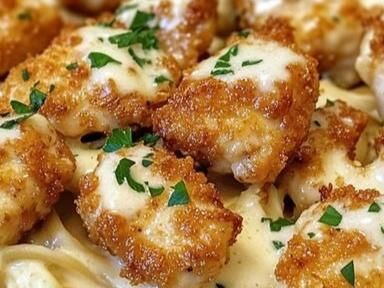 Satisfy Your Cravings: Golden Garlic Chicken Bites with Creamy Parmesan Pasta Recipe - NewsBreak Creamy Parmesan Pasta, Garlic Chicken Bites, Garlic Chicken Pasta, Chicken Pasta Dishes, Spinach Artichoke Dip Recipe, Creamy Parmesan Sauce, Creamy Garlic Chicken, Herb Cheese, Bacon Pasta