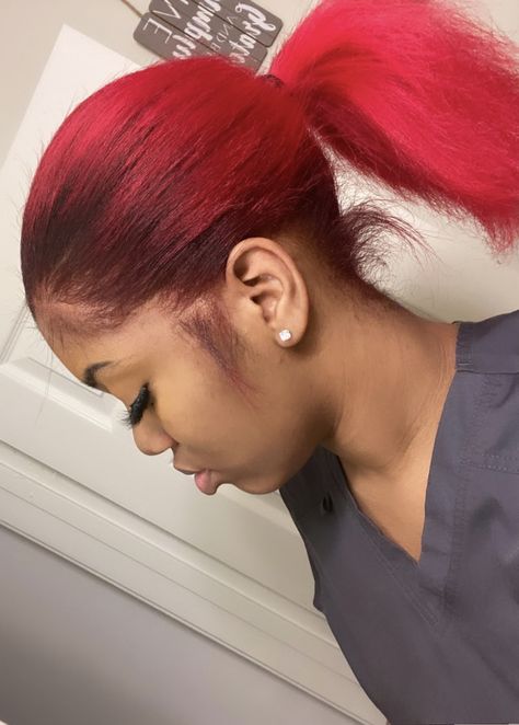 #blackwoman #blackgirlshairstyles #redhair #ponytail Colored Ponytail, Red Hair Ponytail, Sleek Braided Ponytail, Pink Hair Dye, Curls Hairstyles, Dyed Hair Inspiration, Natural Curls Hairstyles, Natural Hair Styles Easy, Hair Styles Easy