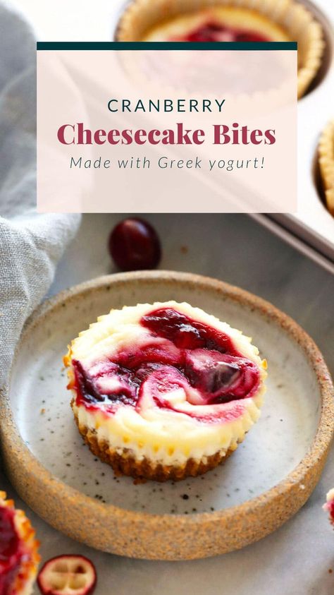 Cranberry Swirl Greek Yogurt Cheesecake Bites Healthy Cheesecake Bites, Cranberry Cheesecake Bites, Greek Yogurt Cream Cheese, Cream Cheese Homemade, Yogurt Cream Cheese, Healthy Cheesecake Recipes, Greek Yogurt Cheesecake, Yogurt Cheesecake, Healthy Holiday Desserts