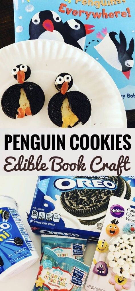 Penguin Cookies Edible Book Craft Edible Book Contest Ideas, Penguin Snacks, Penguin Cookies, Penguin Crafts, Penguin Craft, Winter Activities For Kids, Fun Crafts To Do, Pine Cone Crafts, Winter Crafts For Kids