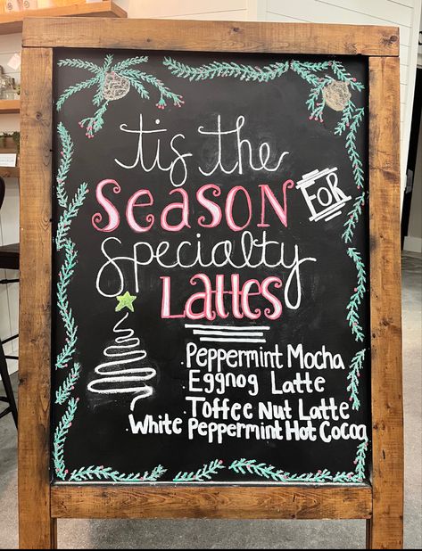 Holiday Coffee Shop Signs, Christmas Coffee Board Ideas, December Chalkboard Art, Christmas Cafe Aesthetic, Coffee Shop Quotes, Restaurant Board, Shop Board Design, Cafe Signs, December Decor