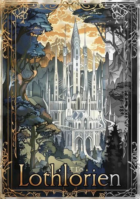 Full Color Image in ai-img-gen.com 🔸 art deco travel poster of the white city in Lothlorien from Lord Of The Rings, with text "Lothlorien... 🔸 From Midjourney AI Image Art Nouveau Lord Of The Rings, Rivendell Drawing, Lotr Landscapes, Lord Of The Rings Elves, Tolkien Collection, Lord Of The Rings Poster, Scrapbook Books, Hobbit Aesthetic, Elven Kingdom