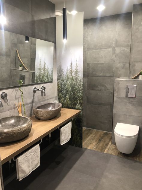 Bathroom Antracit And Wood, Concrete Wood Bathroom, Concrete Style Bathroom, Grey And Wood Bathroom Ideas, Concrete And Wood Bathroom, Bathroom Ideas Dark Green, Dark Green Bathroom Decor, Green Bathroom Inspiration, Bathroom Dark Green