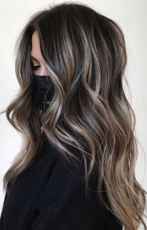 Dark Brown Base With Ash Blonde Balayage, Highlights To Disguise Gray Hair, Trendy Highlights For Brunettes, Brunette With Ash Blonde Highlights, Ashy Babylights On Dark Hair, Cabelo Ombre Hair, Deep Brown Hair, Balayage Ideas, Hair Play