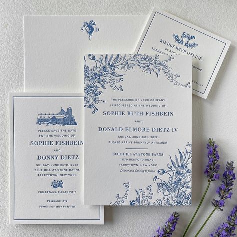 Journal — Sesame Letterpress & Design Blue And White Floral Wedding Invitation, Toile Wedding Decor, Sesame Letterpress, Floral Invitation Design, Wedding Invitations Blue, Floral Envelope Liner, Early Spring Wedding, Blue Dior, Leaf Invitations