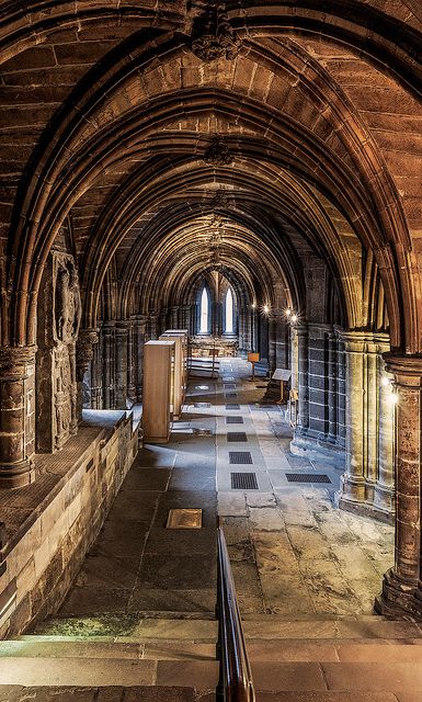 Entrance to the crypt of the Glasgow Cathedral.  Built before the Reformation from the late 12th century onwards and serving as the seat of the Bishop and later the Archbishop of Glasgow, the building is a superb example of Scottish Gothic architecture. Glasgow Cathedral, The Reformation, Old Churches, Cathedral Church, Glasgow Scotland, England And Scotland, Gothic Architecture, Place Of Worship, Scotland Travel