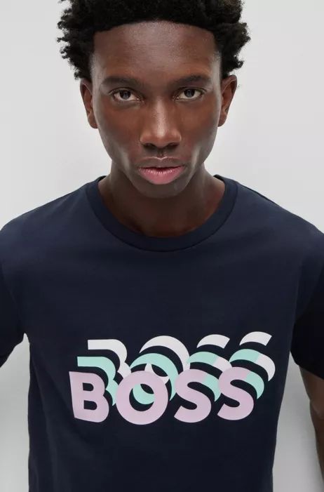 Men's Print T-Shirts | HUGO BOSS Boss Tshirt, Hugo Boss Men, Boss Men, Boss T Shirt, Cotton Farming, Hugo Boss Man, Blue Tshirt, Fashion Advice, Hugo Boss