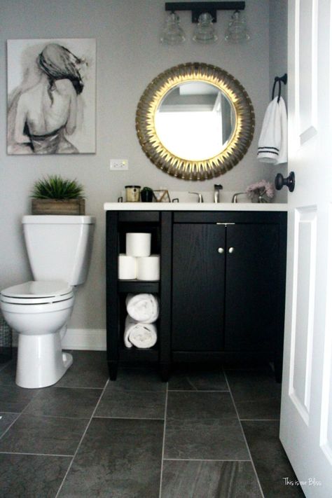 neutral glam bathroom |bathroom decor | marble shower black vanity gold mirror | gray tile || This is our Bliss Glam Bathroom Decor, Basement Bathroom Remodeling, Glam Bathroom, Gray Bathroom Decor, Black Vanity Bathroom, White Bathroom Decor, Bathroom Black, Marble Showers, Bad Inspiration