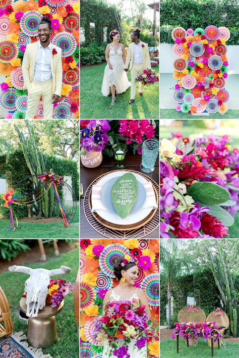 Colorful Jungle Wedding, Bright Coloured Wedding Decor, Bright Color Theme Party, Mexican Inspired Wedding Decor, Fun Wedding Color Schemes, Tropical Wedding Color Schemes, Table Decorations Colorful, Mexico Inspired Wedding, Mexican Boho Wedding