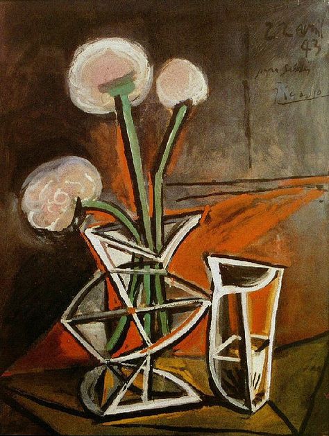 Pablo Picasso - 1943 Vase de fleurs | Flickr - Photo Sharing! Picasso Still Life, Picasso Flowers, Picasso Cubism, Cubist Movement, Pablo Picasso Art, Painting Of Flowers, Art Picasso, Pablo Picasso Paintings, Vase With Flowers