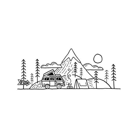 583 Likes, 34 Comments - David Powell (@david_rollyn) on Instagram: “#tbt to this drawing I did a few weeks ago, which is being turned into stickers! #drawing #design…” Adventure Drawing Ideas, Camper Drawing Simple, Easy Camping Drawings, Camping Drawing Simple, Campervan Drawing, Camping Sketch, Outdoors Drawing, Logo Camping, Camping Drawing