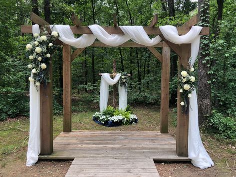 Pergola Decor For Wedding, Wedding Chuppah Outdoor, Pergola Wedding Ceremony Draping, Arbor With Draping, Wedding Alter Outdoors, How To Decorate A Gazebo For A Wedding, Backyard Wedding Tree Arch, Wedding Pergola Decorations, Wooden Wedding Arch With Drape