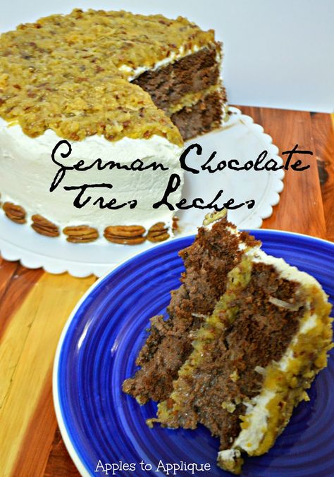 German Chocolate Tres Leches; completely from scratch and completely amazing! | Apples to Applique #cake #baking #dessert #bestcakeever Chocolate Tres Leches, Chocolate Tres Leches Cake, Dessert From Scratch, Best Cake Ever, Peanut Butter Nutella, Cake From Scratch, Homemade Vanilla Ice Cream, Fun Cakes, Tres Leches Cake