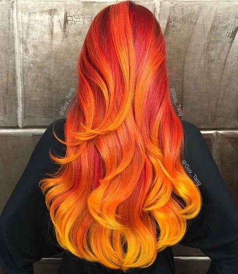 Red Flame Light Balayage, Cheveux Oranges, Yellow Hair Color, Vivid Hair, Pravana Vivids, Fire Hair, Cosplay Inspiration, Guy Tang, Bright Hair Colors