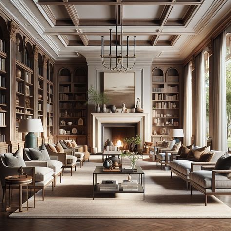 Noticeable should be a large fireplace acting as a focal point of the room, flanked by custom wooden bookshelves housing a variety of literature and artifacts. Throw in tastefully upholstered furniture, in warm, neutral tones that provide a comfortable and inviting atmosphere. Layered rugs and textiles should soften the hardwood floors. Completing the scene with subtle modern elements such as pendant lights and a minimalist coffee table would create a fresh twist to the classical setting. Brownstone Plans, Classic Home Library Design, Library Design Ideas, Home Library Design Ideas, Office With Fireplace, Library Fireplace, Mansion Kitchen, Warm Fireplace, Classical Interior