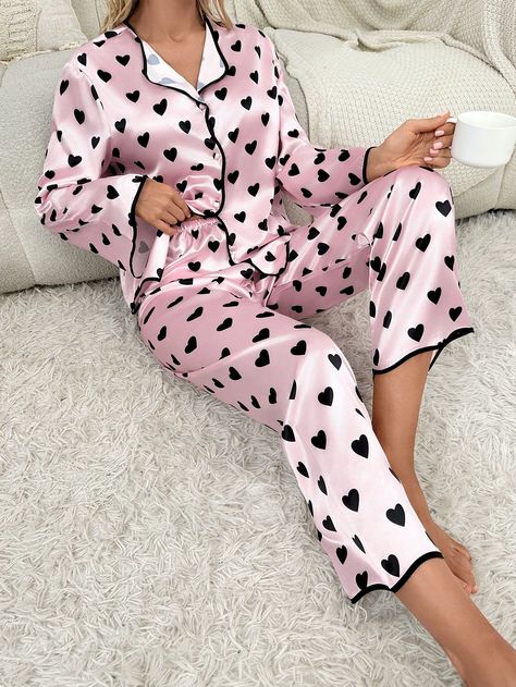 Baby Pink Cute-Sweet Collar Long Sleeve  Heart,All Over Print Pant Sets Embellished Slight Stretch All Women Sleep & Lounge Night Suits Pajama Set, Sleeping Fits, Ladies Night Outfit, Cute Pyjama, Summer Pajamas Women, Y2k Grunge Outfits, Satin Pajamas Set, Night Suit For Women, Cozy Pjs