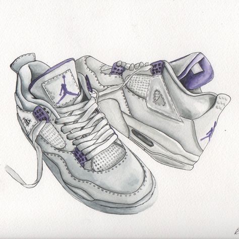 watercolor painting 300mm x 400mm #art #watercolor #sneakers #aesthetic #purple Nike Shoe Drawings, Nike Shoes Art, Jordan 4 Drawing, Jordan 4 Metallic Purple, Sneakers Sketch, Gcse Art Sketchbook, Shoes Drawing, Pretty Shoes Sneakers, Purple Watercolor