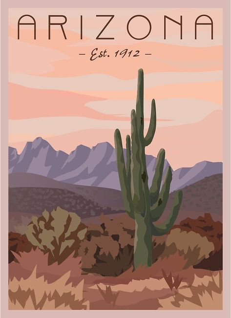 Arizona Illustration, Arizona Artwork, Arizona Poster, Arizona Aesthetic, Travel Arizona, Cornhole Designs, Boho Travel, State Posters, Arizona Road Trip