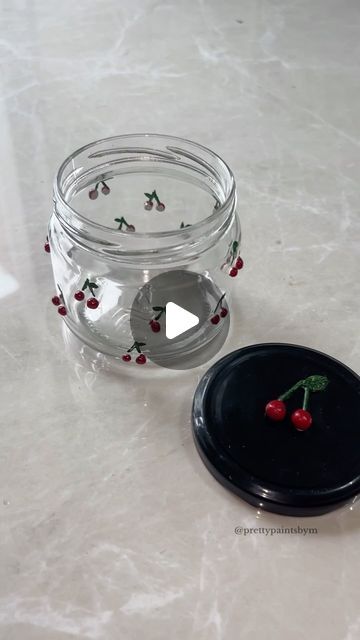 Mariyam♡ on Instagram: "made a cherry jar🍒🎀🫶🏻♥️
.
Acrylics from @akanksha_colours 
.
.
.
.
.
.
(Jar painting bottle jar painting acrylic painting diy art diy cherry jar clay art clay diys )
#bottleart #jarpainting #clayart #claydiys #acrylicpainting #acrylicart #diyart #diycrafts #cherry" Clay Jar Diy, Clay Art On Glass Jar, Air Dry Clay On Glass Jars, Air Dry Clay Jar With Lid, Polymer Clay Jar Decoration, Instagram