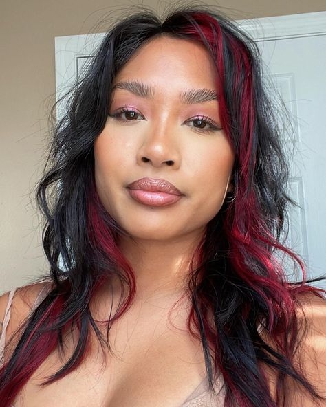 Burgundy Halo Hair, Red Halo Hair, Red Hair Streaks, Egirl Hair, Red Hair Pieces, Black And Red Hair, Hair Color For Brown Skin, Color Block Hair, Egirl Style