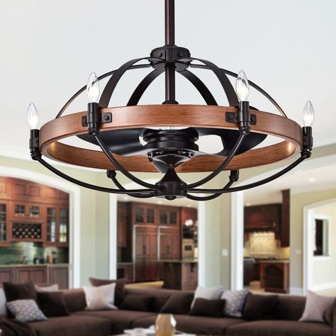 Gredis Black 30-inch 6-light Lighted Ceiling Fan Fandelier with Faux-Wood Hoop (includes Remote and Light Kit) - Brown, Warehouse of Tiffany Fan Chandelier, Ceiling Fan Makeover, Modern Lodge, Modern Contemporary Style, Cool Floor Lamps, Ceiling Fan Chandelier, Ceiling Fan With Remote, Accessories Store, Ceiling Fans