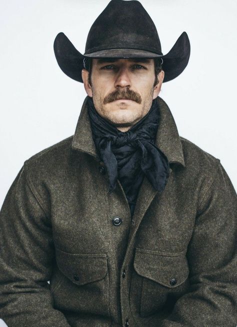 Man Wearing Cowboy Hat, Farmer Aesthetic Man, Cowboy Look Men Style, Mens Moustache, Modern Cowboy Style Men, Man With Moustache, Cowboy Reference, Facial Hair Styles, Moustache Style