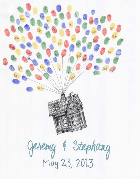 Thumbprint guestbook House From Up Painting, Fingerprint Balloons, Art For House, Wedding Photo Table, Thumbprint Art, Gift Table Wedding, Balloon House, Up Painting, Fingerprint Art