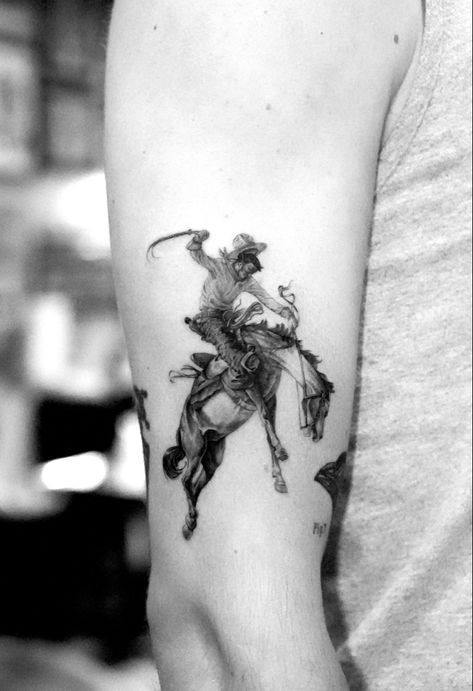 Black And White Horse Tattoo, Horse Bucking Tattoo, Cowboy And Horse Tattoo, Flying Horse Tattoo, Horse Rider Tattoo, Horse Riding Tattoo, Rancher Tattoo, Cowboy Horse Tattoo, Cowboy Riding Horse Tattoo