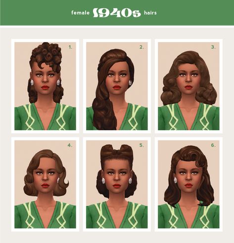 FEMALE CC HAIRS - 1940s Another massive round up of CC hair, this time for the 1940s! CC links after the cut. You can find more of my female hair collections here: 1920s  ✺  1930s  �✺  1950s  ✺... 1930 Hair, 1940 Hair, 1920 Hair, 1960 Hair, 1930s Hair, Sims 4 Decades Challenge, 1920s Headband, 1950s Hairstyles, 50s Hairstyles